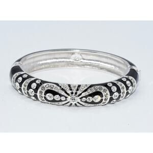 Joan Rivers Black Enamel Rhinestone Silver Tone Hinged Bangle Bracelet - Vintage
